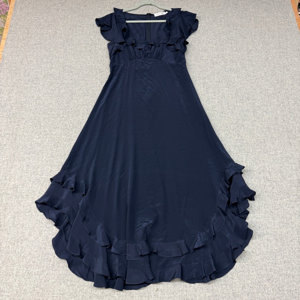 Zimmermann Silk Ruffle High-Low Midi Dress Size 1 Navy Blue Tiered Flutter Hem